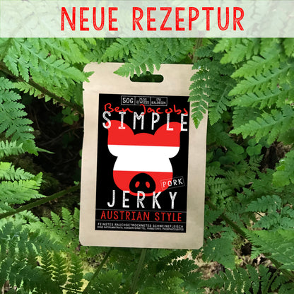 Simple Jerky Pork Austrian Style (50g) – Trockenfleisch mit feinsten Gewürzen wie Kümmel und Koriandersamen, geräuchert und luftgetrocknet.